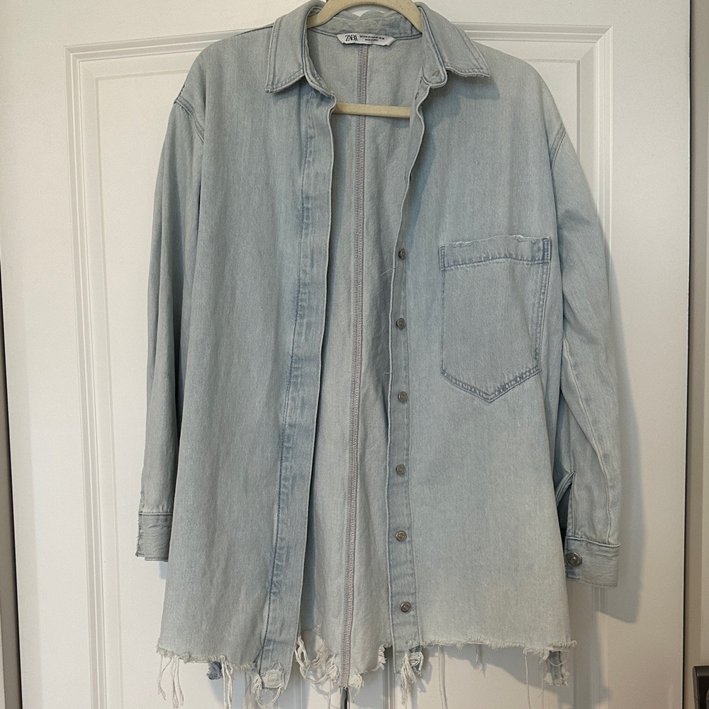 Zara Oversized Distressed Denim Button Down